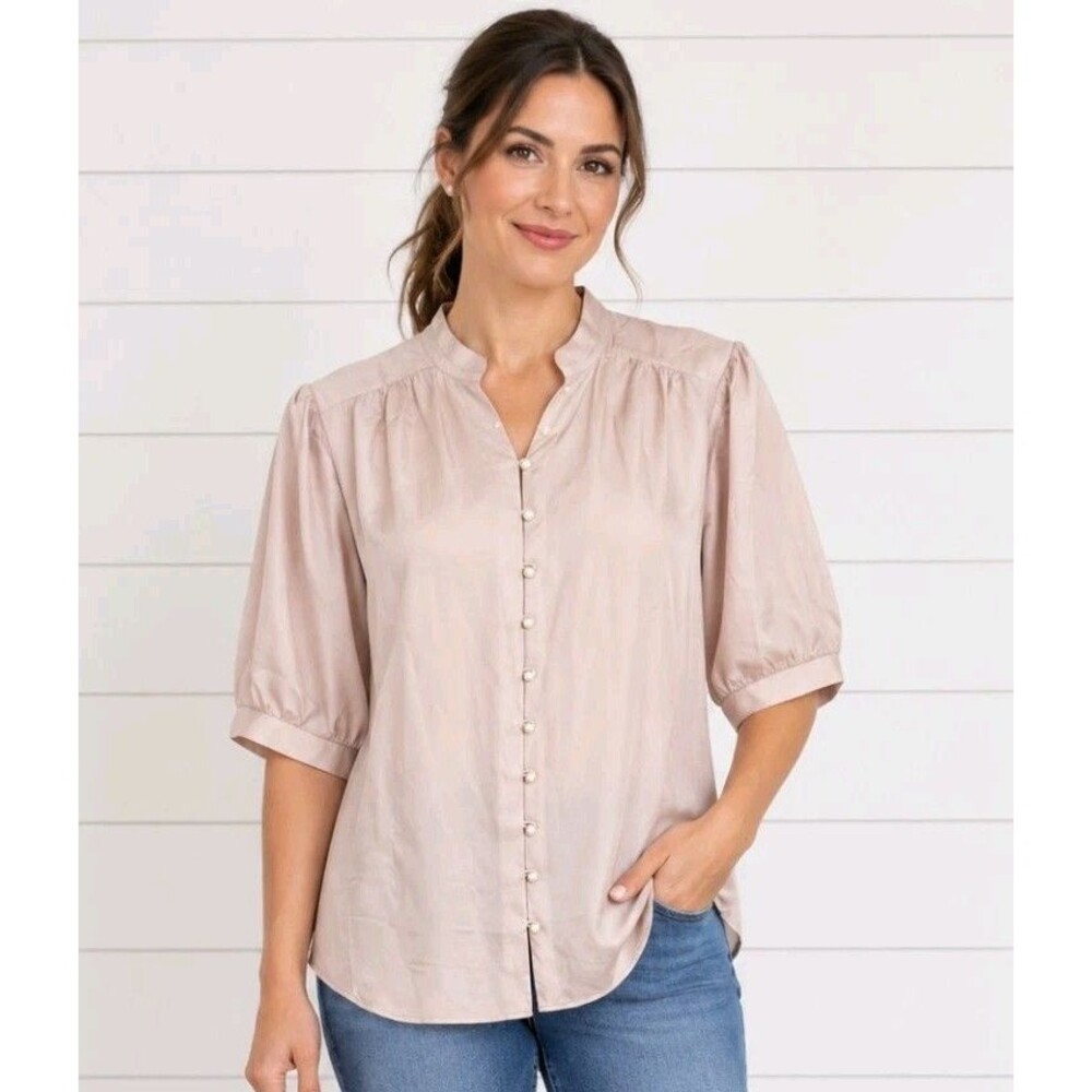 Ann Taylor Champagne Short Sleeve Pearl Button Mandarin Collar Blouse Large